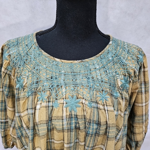 Easel Embroidered Floral & Plaid Oversized Top 100% Cotton Brown Teal Size S - Picture 2 of 8